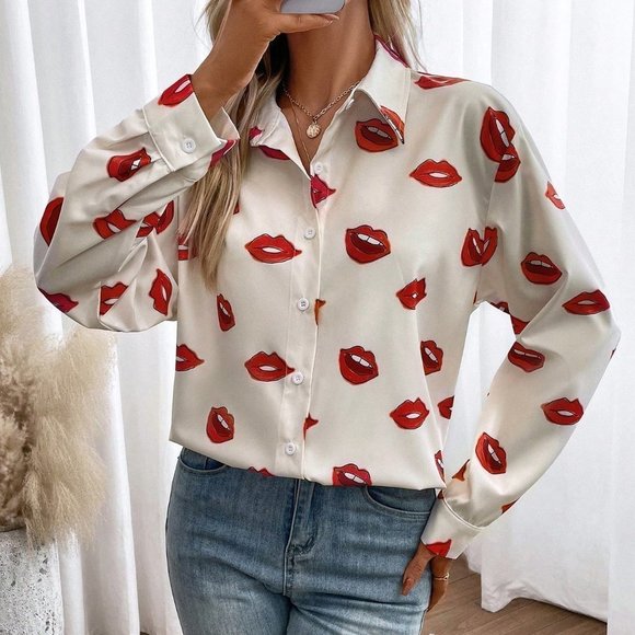 White Casual Womens Lip Print Button Front Shirt - Picture 1 of 5